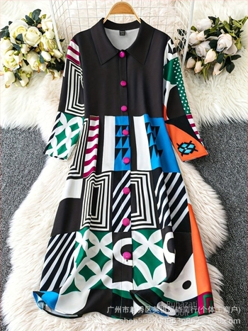 Pliszírozott ingetruha – boho retro stílus, midi A-vonal, gallér, 3/4-ujj, poliészter elasztán anyag