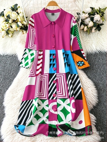 Pliszírozott ingetruha – boho retro stílus, midi A-vonal, gallér, 3/4-ujj, poliészter elasztán anyag