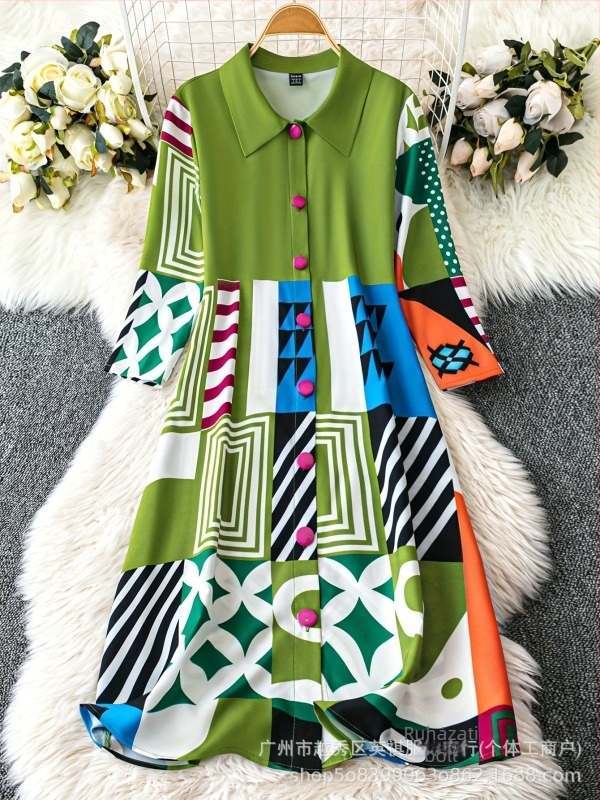 Pliszírozott ingetruha – boho retro stílus, midi A-vonal, gallér, 3/4-ujj, poliészter elasztán anyag