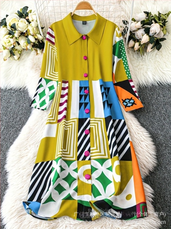 Pliszírozott ingetruha – boho retro stílus, midi A-vonal, gallér, 3/4-ujj, poliészter elasztán anyag