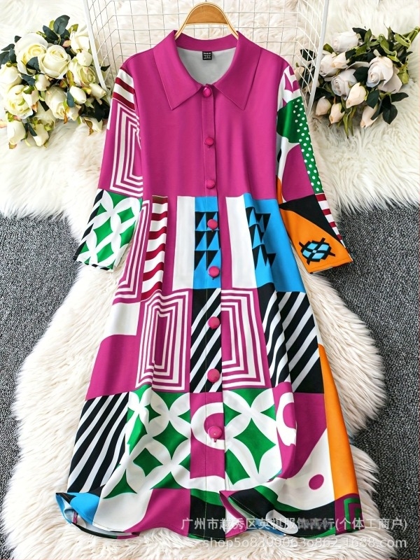 Pliszírozott ingetruha – boho retro stílus, midi A-vonal, gallér, 3/4-ujj, poliészter elasztán anyag