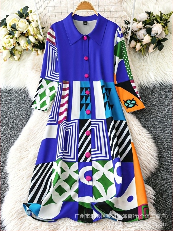 Pliszírozott ingetruha – boho retro stílus, midi A-vonal, gallér, 3/4-ujj, poliészter elasztán anyag