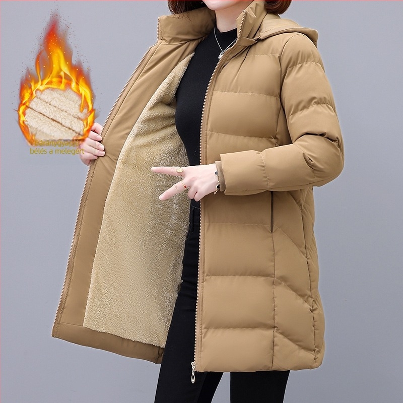 Női középhosszú toll-gyapjú töltetű kabát leválasztható kapucnival, cipzáras zárás, poliészter anyag