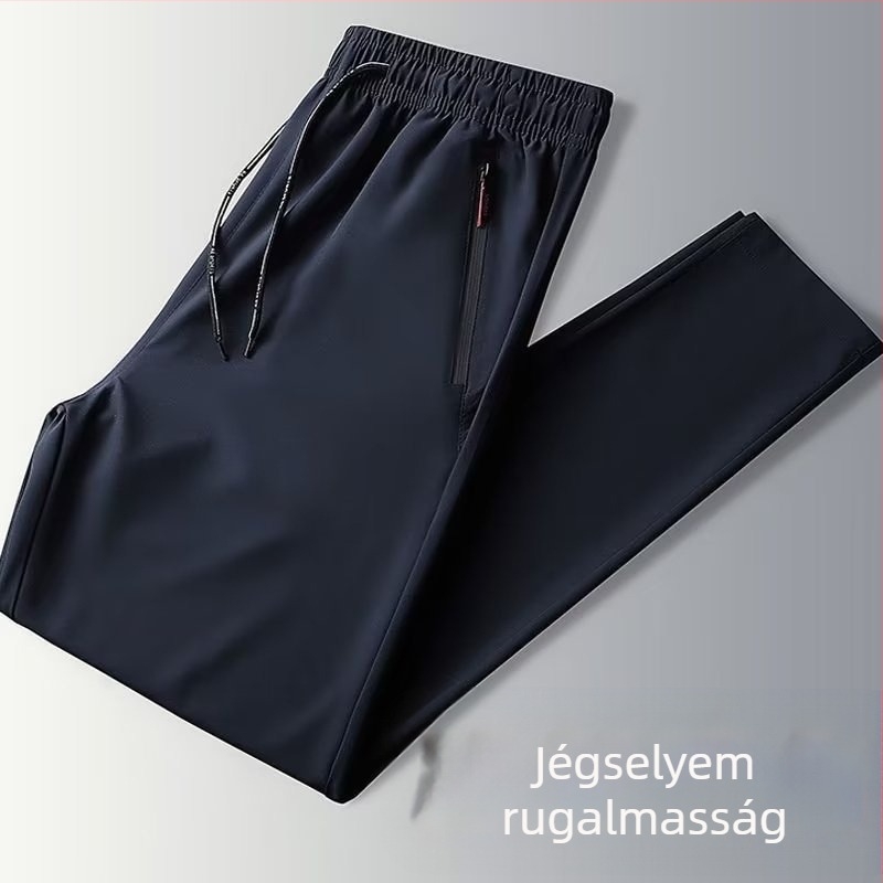 Férfiaknak lazán szabott ice-silk nadrág, crop hossz, középmagas derekú, cipzáros díszítés