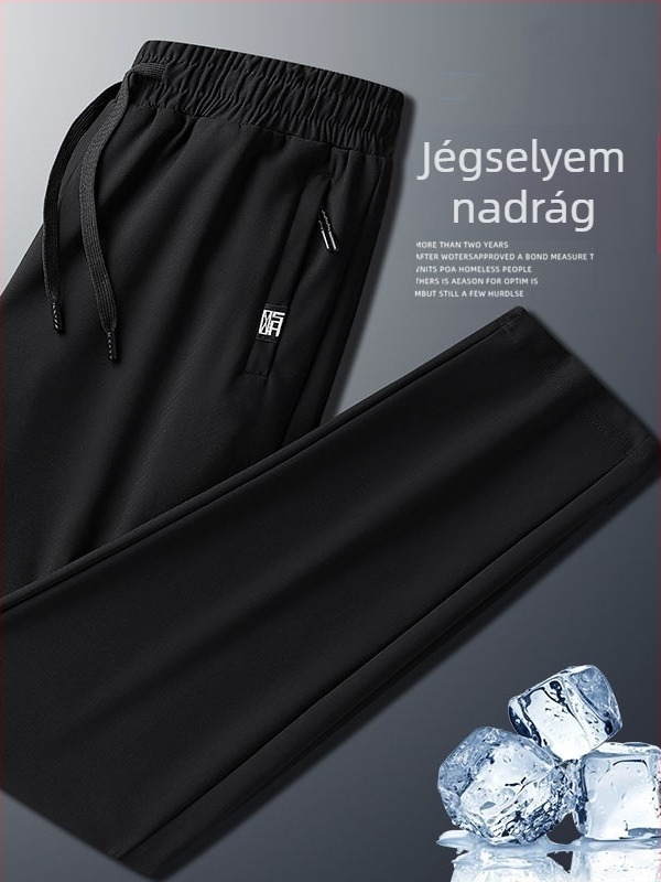 Férfi nyári nadrág nylon-spandex anyagból (75% nylon, 25% spandex), lazán szabott, egyenes fazon, nedvesség-elvezető, magas derekú