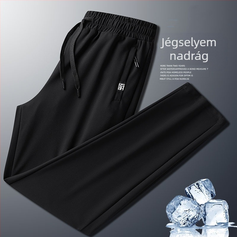 Férfi nyári nadrág nylon-spandex anyagból (75% nylon, 25% spandex), lazán szabott, egyenes fazon, nedvesség-elvezető, magas derekú