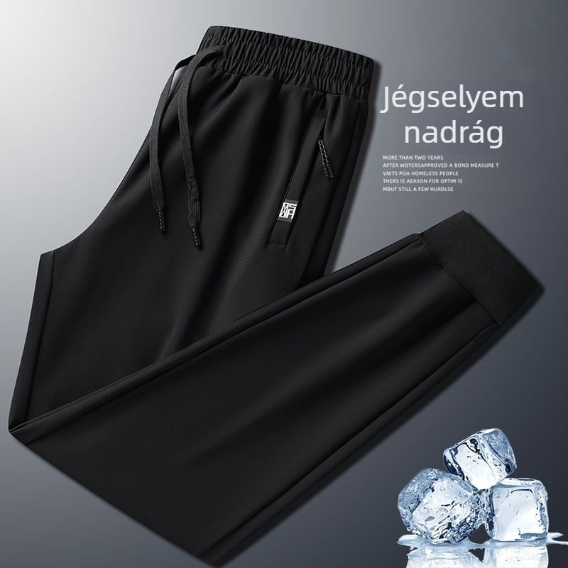 Férfi nyári nadrág nylon-spandex anyagból (75% nylon, 25% spandex), lazán szabott, egyenes fazon, nedvesség-elvezető, magas derekú