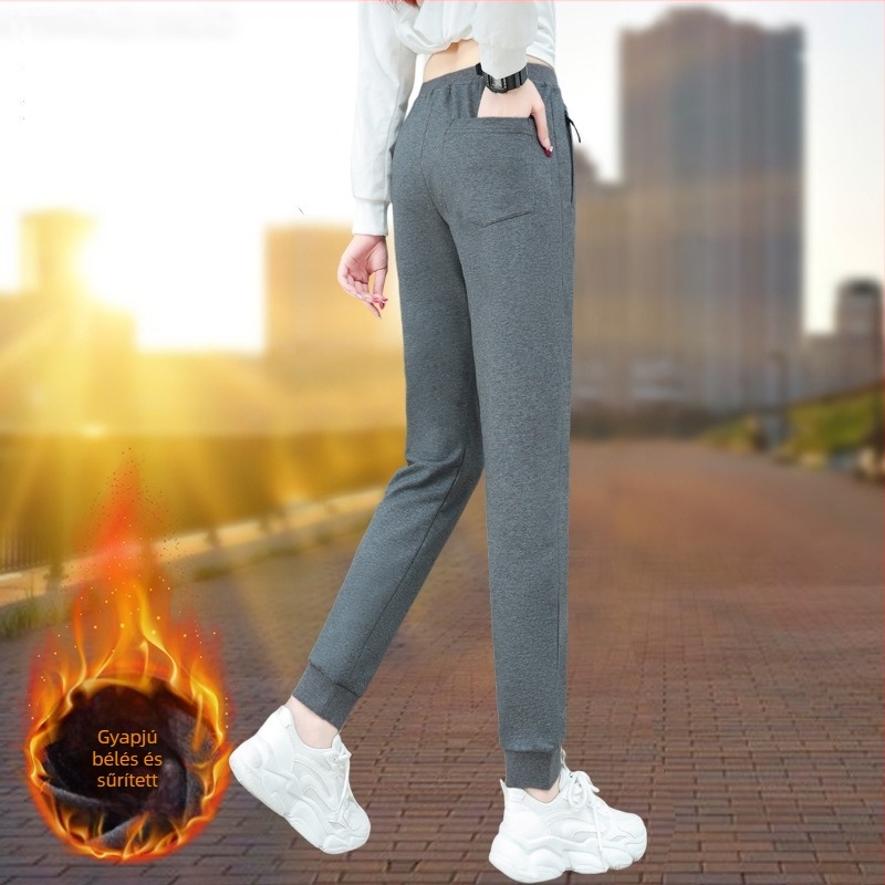 Szürke női sportnadrág fleece-beleléssel, karcsú szabású, 9/10 hosszú, magas derekú, tavasz–őszre