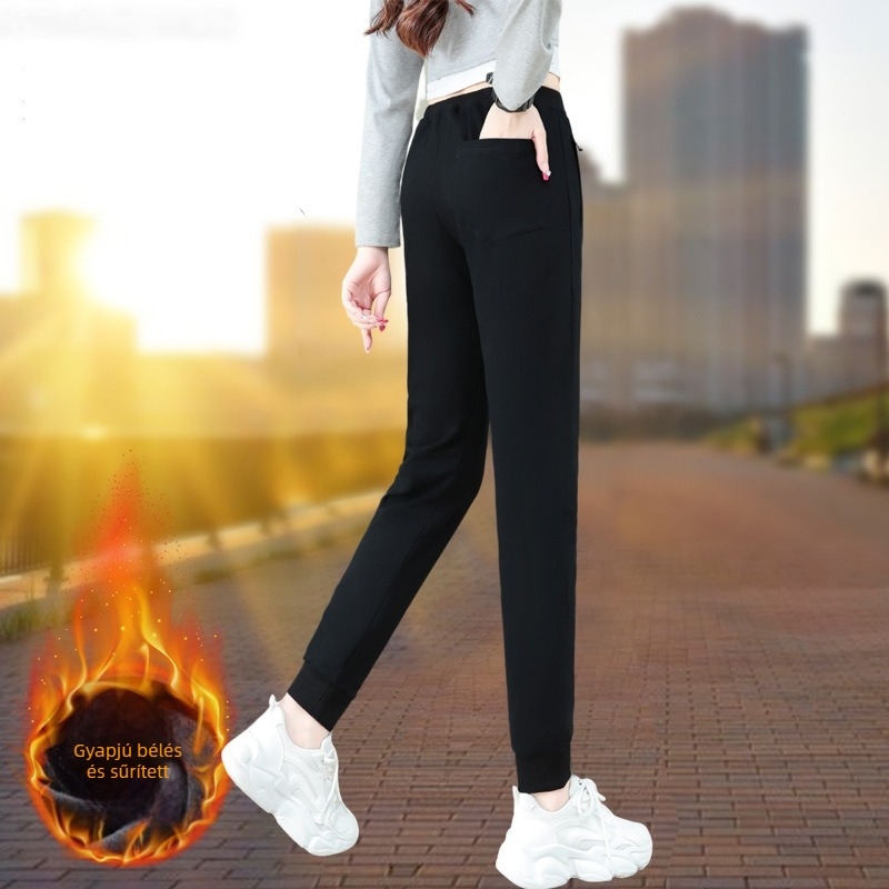 Szürke női sportnadrág fleece-beleléssel, karcsú szabású, 9/10 hosszú, magas derekú, tavasz–őszre