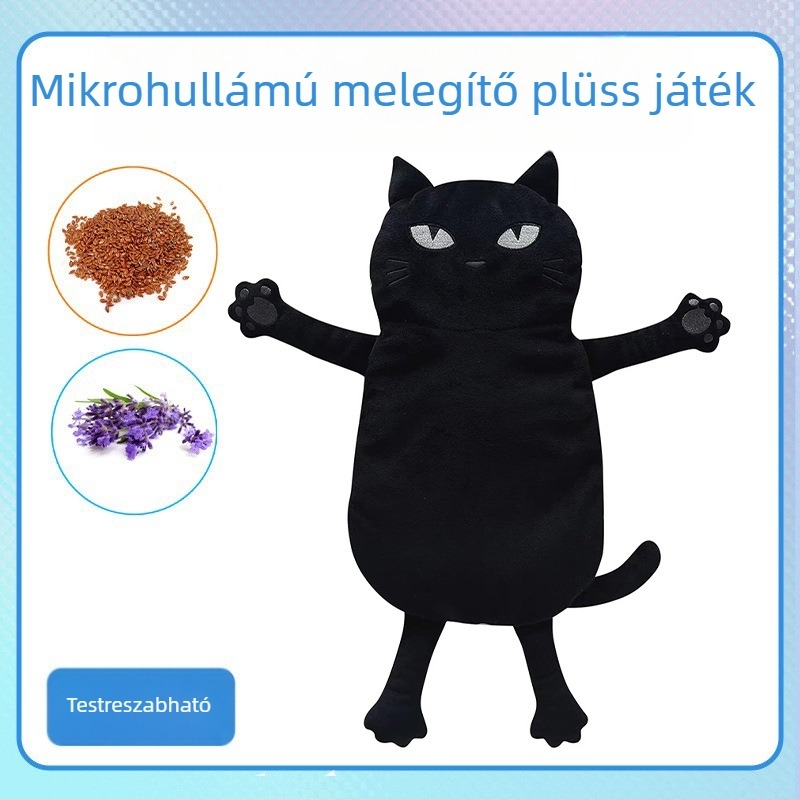 Mikrohullámú melegítő macska plüssbaba levendula illattal — levehető, mosógépben mosható huzat; töltet lenmag, kerámia golyók és levendula; kézmelegítő és haspárna