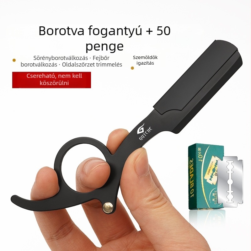 Fanru kézi borotva rozsdamentes acélból, vintage borbély-stílusú, kétélű penge és pengetartóval
