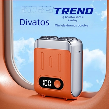 Elektromos borotva LED-kijelzővel, lebegő fejű rotációs fej, két penge, beépített 300–500 mAh akkumulátor, akár 60 perc működés, levehető és mosható penge