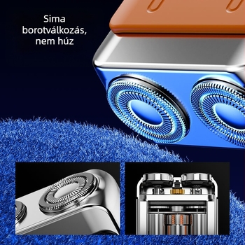 Elektromos borotva LED-kijelzővel, lebegő fejű rotációs fej, két penge, beépített 300–500 mAh akkumulátor, akár 60 perc működés, levehető és mosható penge