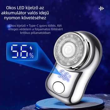 LED kijelzővel ellátott elektromos borotva, 1 forgó fej, beépített akkumulátor, üzemidő 30-45 perc, zaj alatt 36 dB
