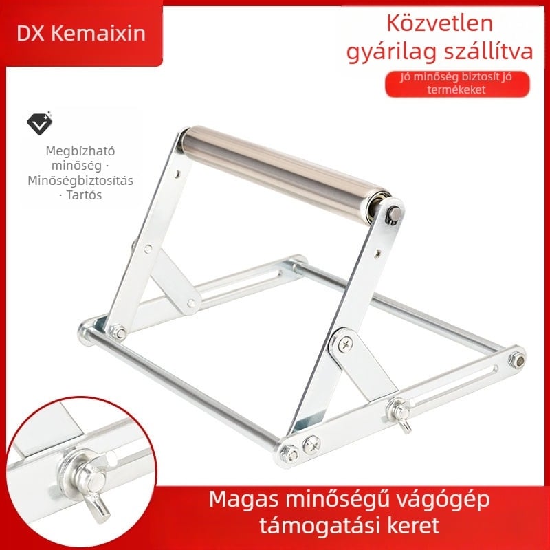 Rozsdamentes acélból készült összecsukható tartókeret vágógépekhez, kiegyensúlyozó-emelő háromlábú tartóval