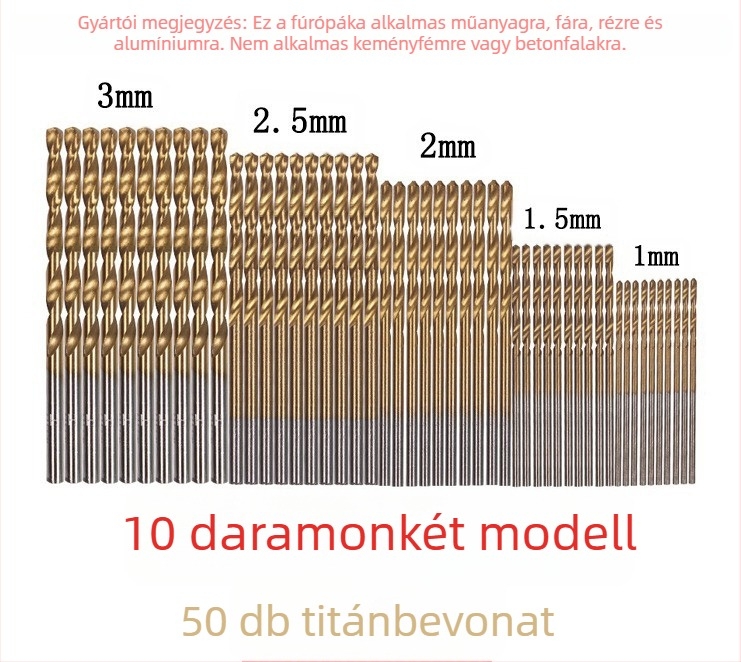 Titán bevonatú spirálfúró készlet fához, 50 db, egyenes markolattal, elektromos fúróhoz