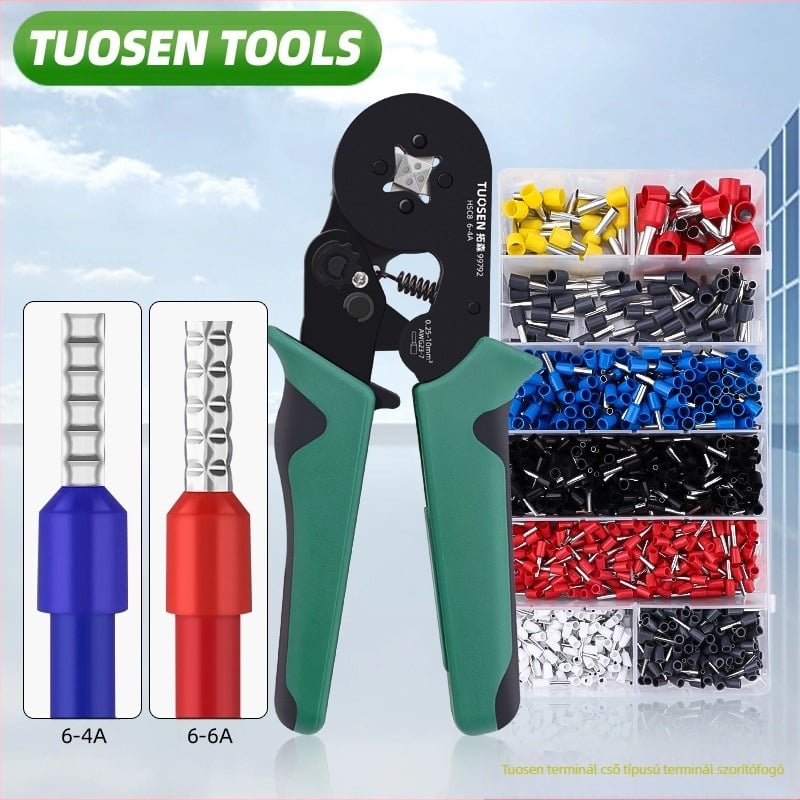 Tuosen cső típusú terminálkrimpelő fogó, tű alakú vezetékhez, önújraindító fogaskerék mechanizmus, magas széntartalmú acél, súly 0.58