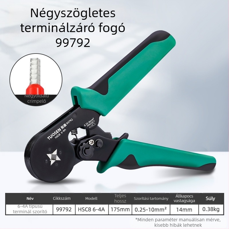 Tuosen cső típusú terminálkrimpelő fogó, tű alakú vezetékhez, önújraindító fogaskerék mechanizmus, magas széntartalmú acél, súly 0.58