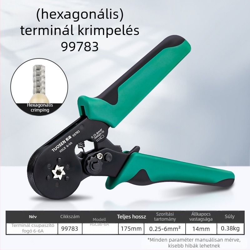 Tuosen cső típusú terminálkrimpelő fogó, tű alakú vezetékhez, önújraindító fogaskerék mechanizmus, magas széntartalmú acél, súly 0.58