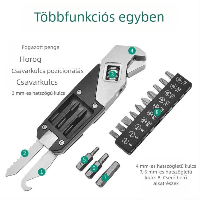 Rozsdamentes acélból készült állítható csavarbehajtó kulcs; többfunkciós racsnis hüvely forgatással