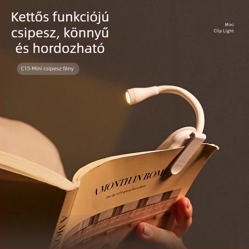 Éjjeli olvasólámpa beépített akkumulátorral, clip-típusú lámpa kollégiumba, geometriai 3D dizájn, PVC árnyékoló, kapcsoló