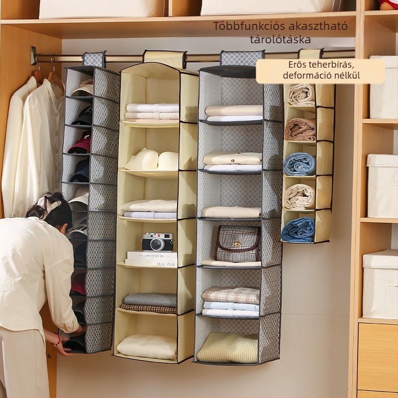 Megvastított gardróbfüggő tároló – textilekből készült, többszintes ruhatartó, ruhák és fehérneműk számára