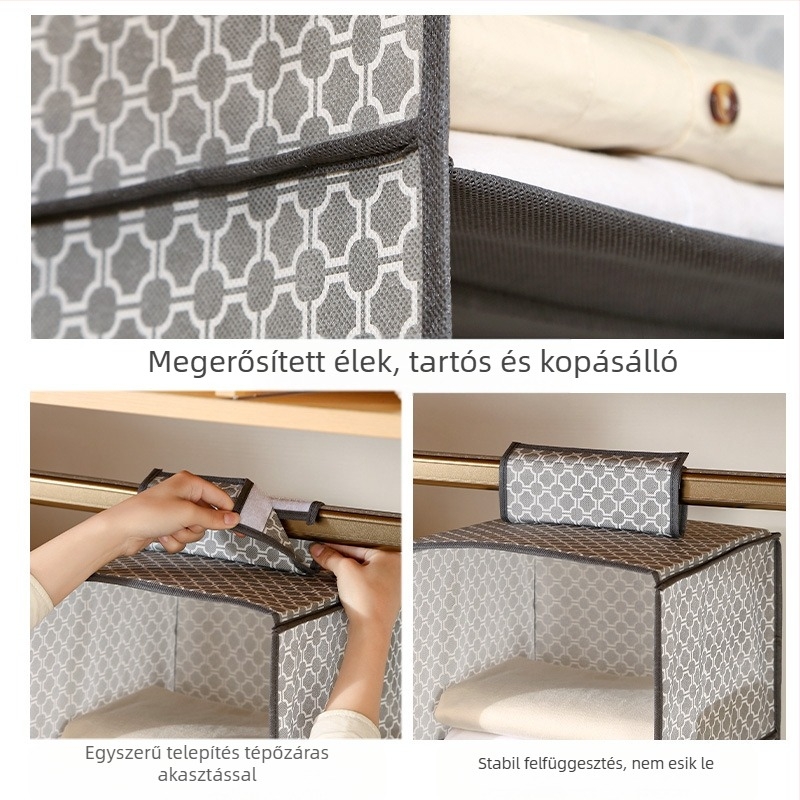Megvastított gardróbfüggő tároló – textilekből készült, többszintes ruhatartó, ruhák és fehérneműk számára