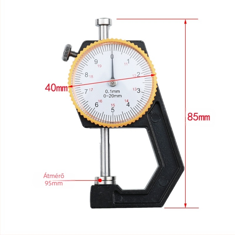 Vastagságmérő 0–20 mm, görbült hegyű mutató, kézi, sík fej, papír vastagság mérésére