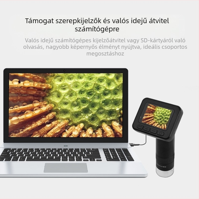 Elektronmikroszkóp digitális kijelzővel oktatási és vizsgálati célokra; gyerekeknek és felnőtteknek egyaránt alkalmas; detektálja a szőrtüszőket, a bőrt és a nyomtatott áramköröket valós idejű megfigyeléssel.