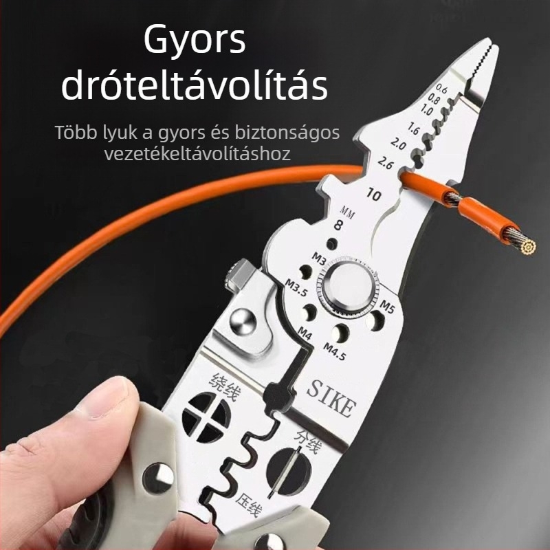 Ipari színvonalú, többfunkciós villanyszerelő huzal-eltávolító fogó, huzalvágás és crimpelés, hegytípusú vég, súly 0,185