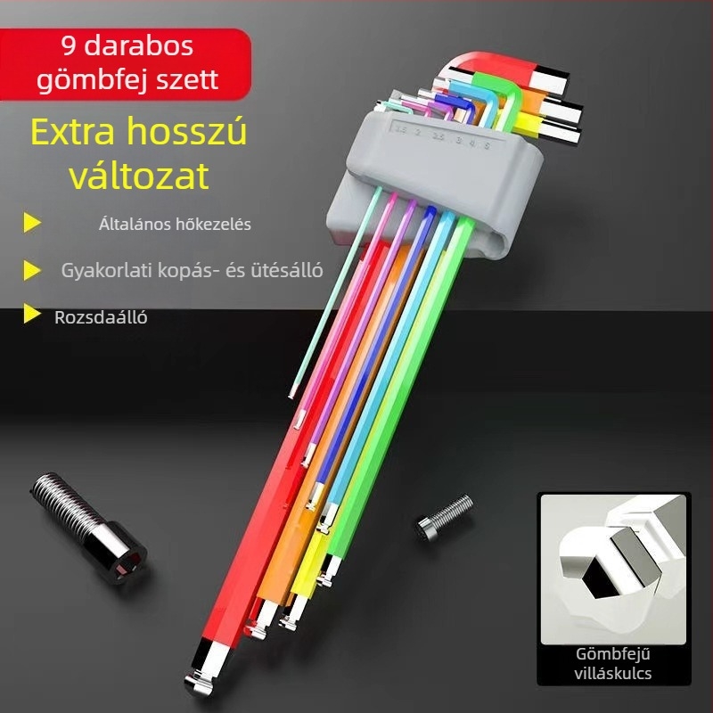 L-formájú gömbfejű hatszög-kulcs készlet, 9 darab, Cr-V acél, belső hatszög