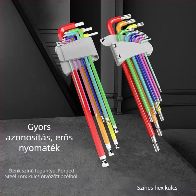 L-formájú gömbfejű hatszög-kulcs készlet, 9 darab, Cr-V acél, belső hatszög