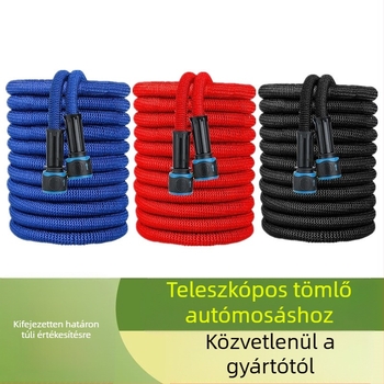 Teleszkópos kerti tömlő háromszintű kinyúlással és magasnyomású permetező fejjel autómosáshoz és öntözéshez