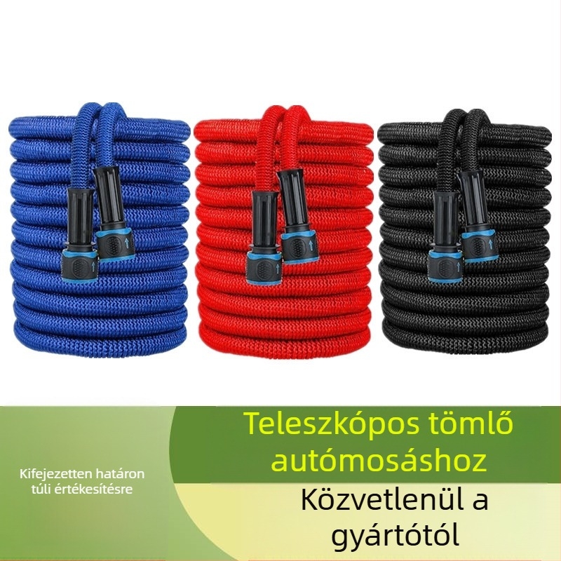 Teleszkópos kerti tömlő háromszintű kinyúlással és magasnyomású permetező fejjel autómosáshoz és öntözéshez