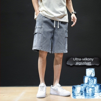Férfi denim short, nyár, laza szabás, középső derekú, pamut