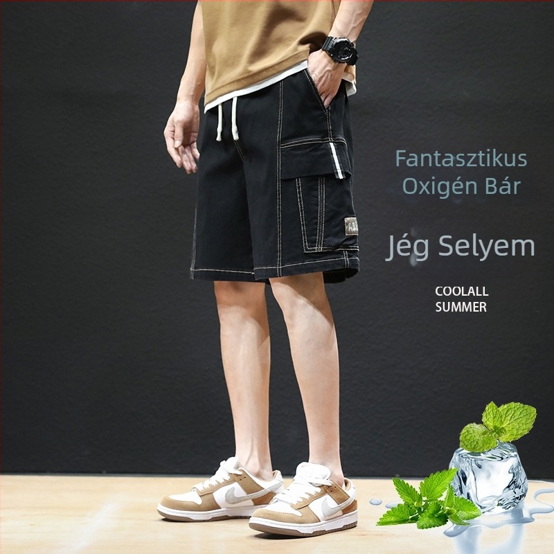 Férfi denim short, nyár, laza szabás, középső derekú, pamut