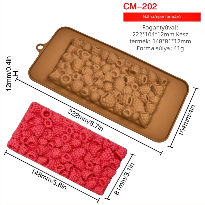 Szilikon forma csokoládéhoz és fondant számára, málna fürt mintával és virágos motívummal; téglalap alakú; csomagolás öntapadó zacskóban.
