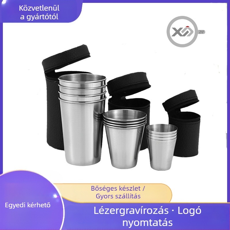 Rozsdamentes acélból készült szeszes italok pohárkészlet, 4 db, 101-200 ml kapacitás, bőrös csomagolás, testreszabható logó