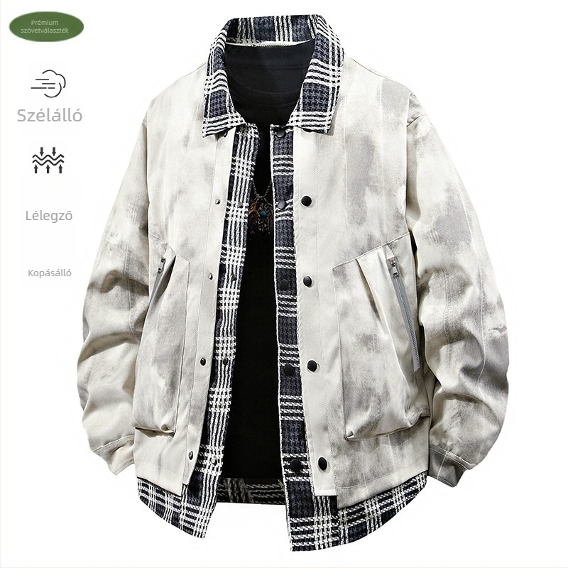 3D-s dizájnú farmerdzseki patchwork kockás mintával, tie-dye, lazán szabott (Tavasz 2025)