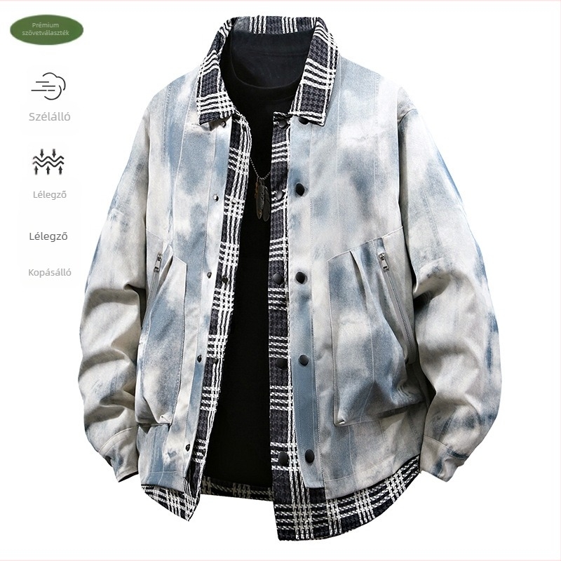 3D-s dizájnú farmerdzseki patchwork kockás mintával, tie-dye, lazán szabott (Tavasz 2025)