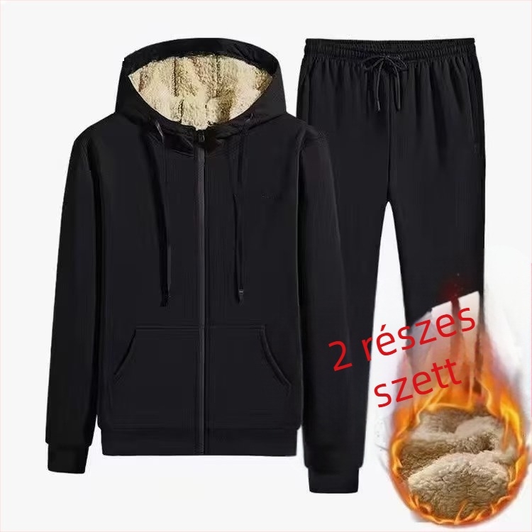 Férfi fleece tömés kapucnis kabát zipzárral, áll-nyak, bő szabás