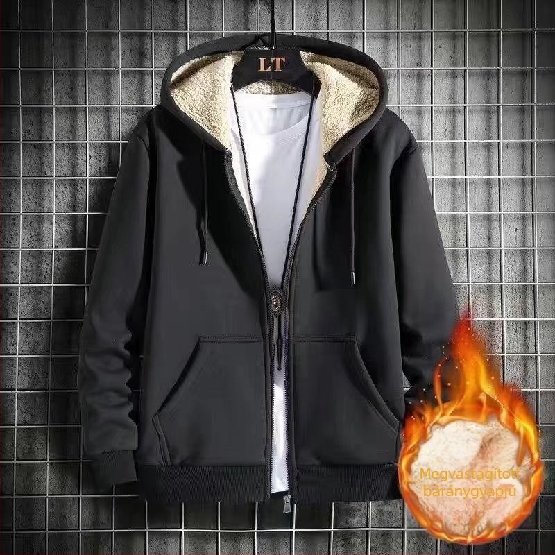 Férfi fleece tömés kapucnis kabát zipzárral, áll-nyak, bő szabás