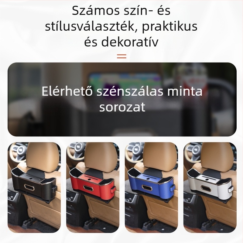 Bőr hátsó üléshez készült tároló doboz zsebkendő tartóval és pohártartóval, vízálló
