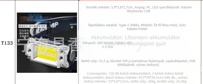 Star Warrior USB tölthető LED sapka-klipszes lámpa mágnessel, 5W, 500mAh, 50–100 m hatótáv, túrázáshoz, kempingezéshez, éjszakai horgászathoz
