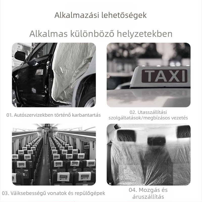 Egyszer használatos autóülésvédő előre és hátrafelé ülőhelyekhez, por- és vízálló, 100% elsődleges műanyag, fúvott film technológia