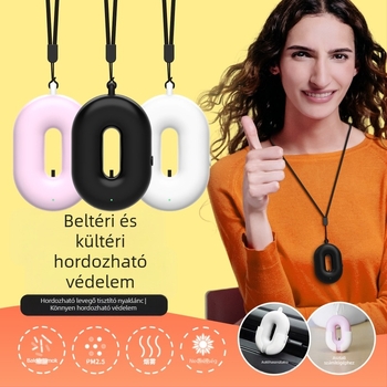 Mini viselhető negatív ionos levegőtisztító nyakhoz — halk működés 36 dB alatt, 50 m³/h légáram, USB tápegység, alkalmas helyiségekbe legfeljebb 10 m²-ig