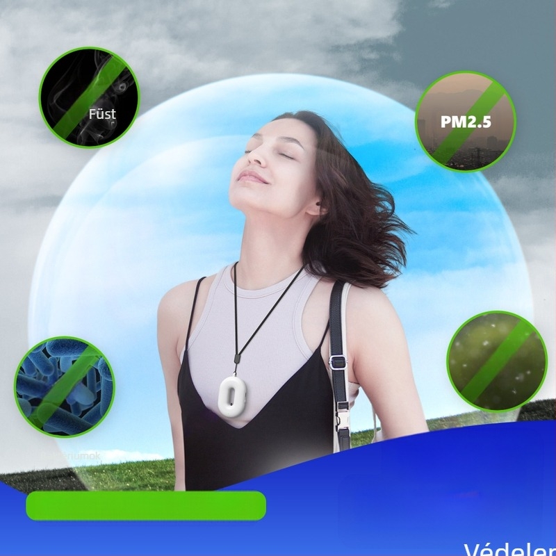 Mini viselhető negatív ionos levegőtisztító nyakhoz — halk működés 36 dB alatt, 50 m³/h légáram, USB tápegység, alkalmas helyiségekbe legfeljebb 10 m²-ig