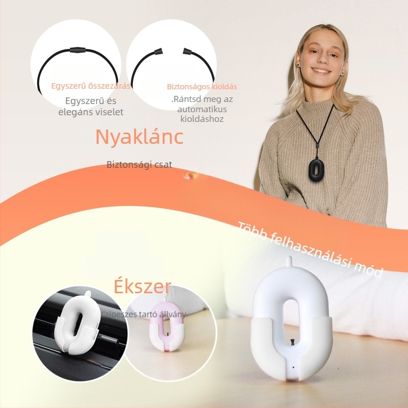 Mini viselhető negatív ionos levegőtisztító nyakhoz — halk működés 36 dB alatt, 50 m³/h légáram, USB tápegység, alkalmas helyiségekbe legfeljebb 10 m²-ig