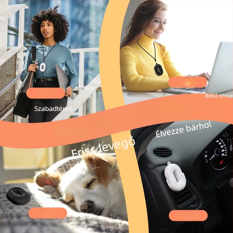 Mini viselhető negatív ionos levegőtisztító nyakhoz — halk működés 36 dB alatt, 50 m³/h légáram, USB tápegység, alkalmas helyiségekbe legfeljebb 10 m²-ig