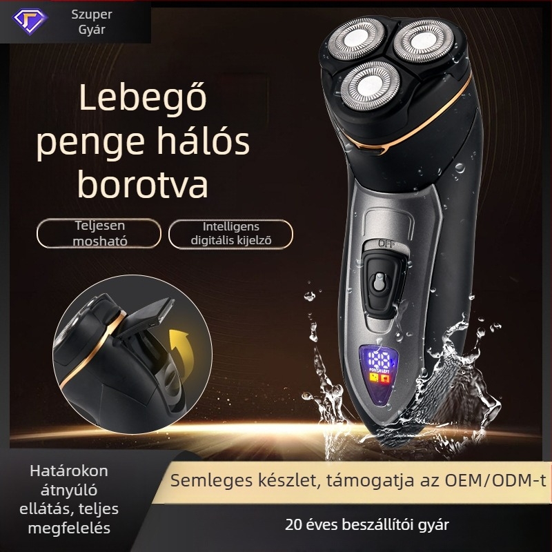 Férfiak számára elektromos borotva lebegő forgófejjel, beépített 500–800 mAh akkumulátor, akár 120 perc üzemidő, teljes testben mosható, nedves és száraz használat